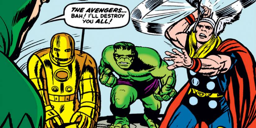 The Hulk attacking Loki alongside Iron Man and Thor in the cover of the first Avengers comic