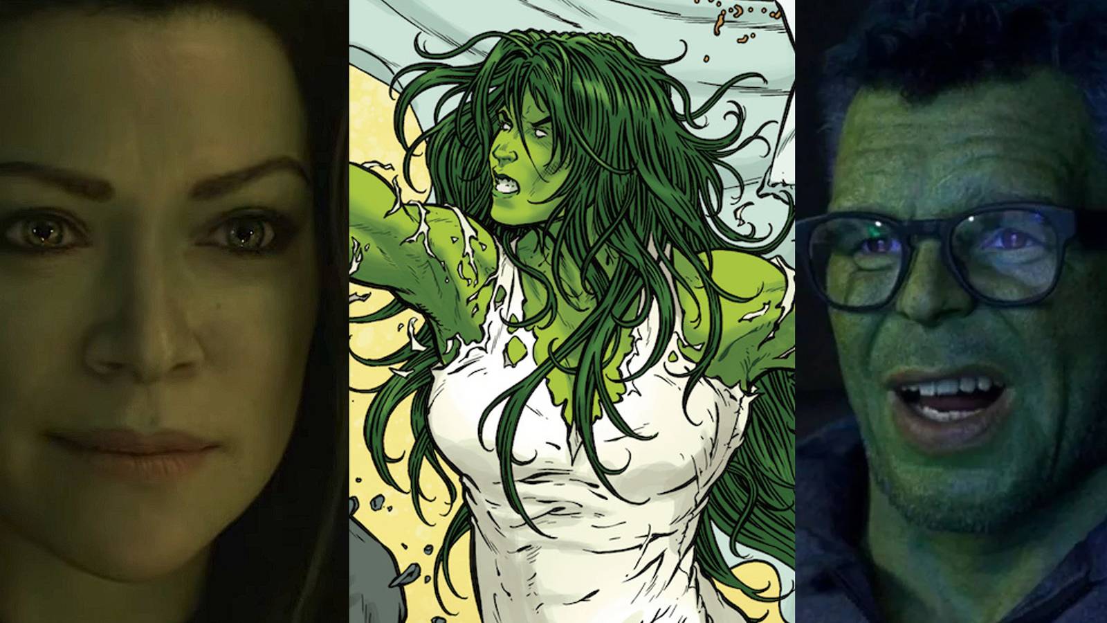 Tatiana Maslany as She-Hulk on a date in the She-Hulk series; She-Hulk after transforming and attacking doctors in the comics; Mark Ruffalo as Smart Hulk in the She Hulk series