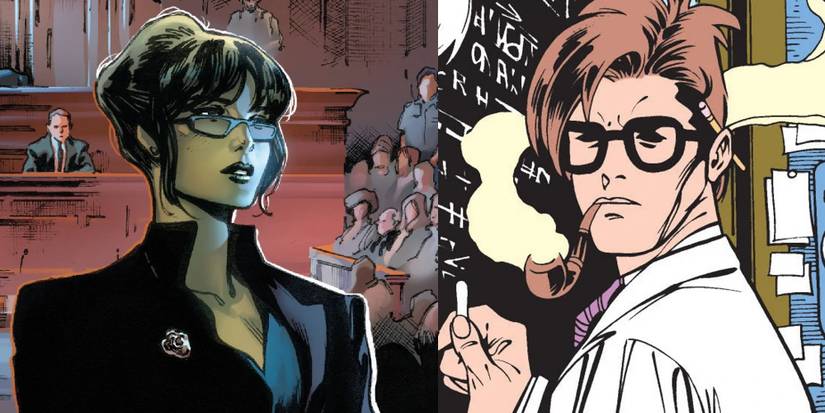 Jennifer Walters as a lawyer in the comics; Bruce Banner smoking and working as a scientist in the comics
