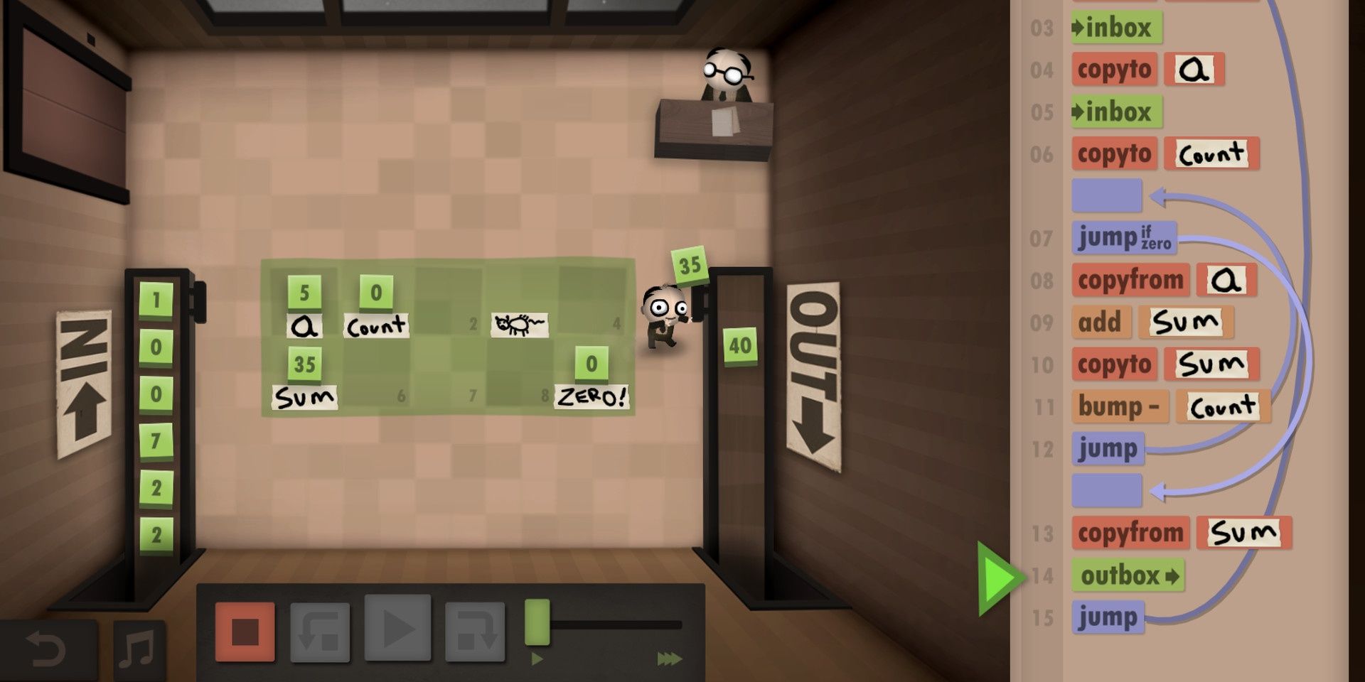 A top-down view of an office space. One human is sitting at at desk on the upper right corner, and another is next to the conveyor belt to the right.A green grid is on the floor. On the right of the image is a series of instructions. Image credit: store.steampowered.com
