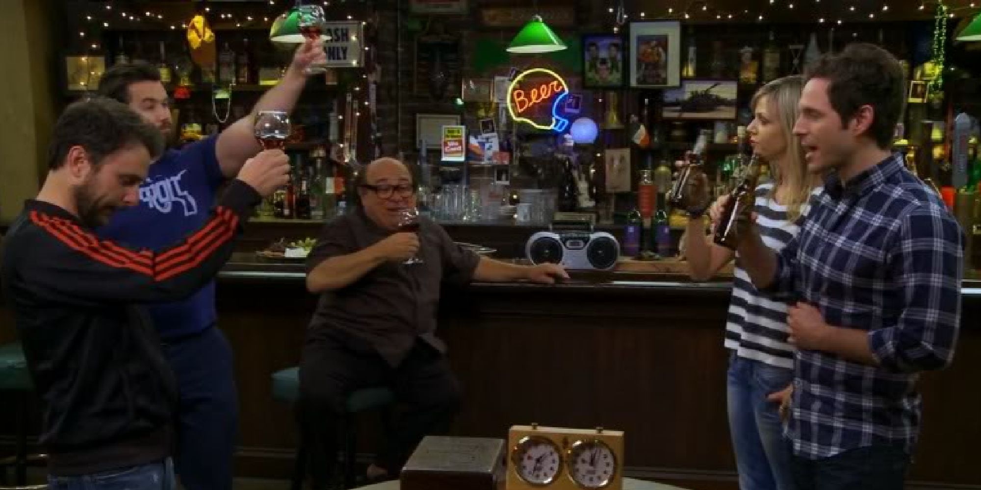 Charlie, Mac, Frank, Dennis, and Dee drinking alcohol during a game of Chardee MacDennis
