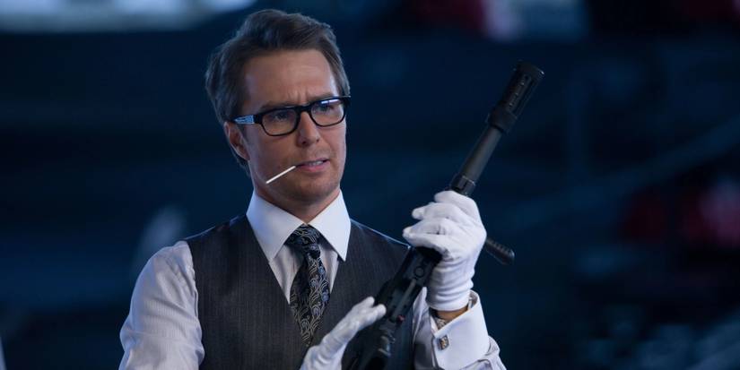 Sam Rockwell as Justin Hammer demonstrating his arsenal of weapons on Iron Man 2