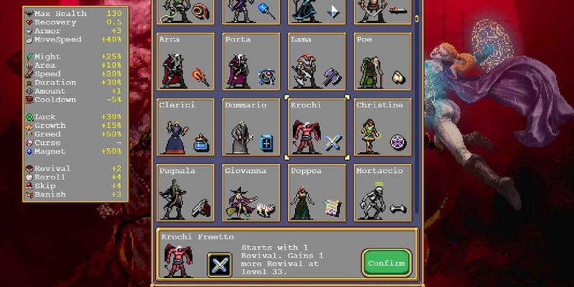 Selecting Krochi in Vampire Survivors