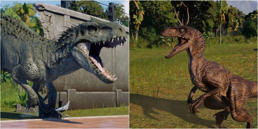 Indominus Rex and the Velociraptor in Jurassic World Evolution 2.