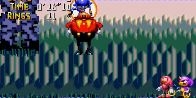 Knuckles and Espio watching Metal Sonic carry Dr. Robotnik in Knuckles Chaotix