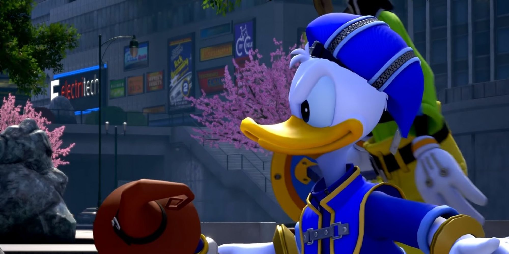 A determined Donald Duck walking alongside Goofy in Kingdom Hearts 3