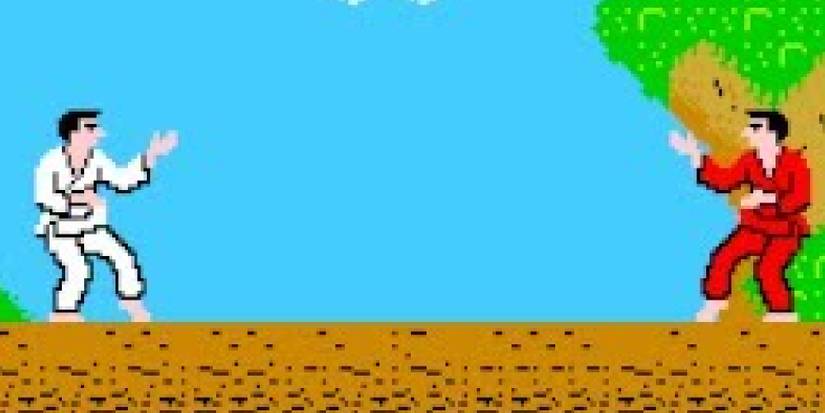 Two men in gis face each other in Karate Champ for arcade