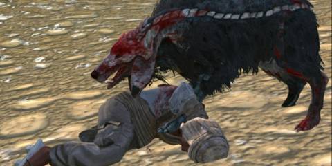 A bonedog eating a dead body in Kenshi