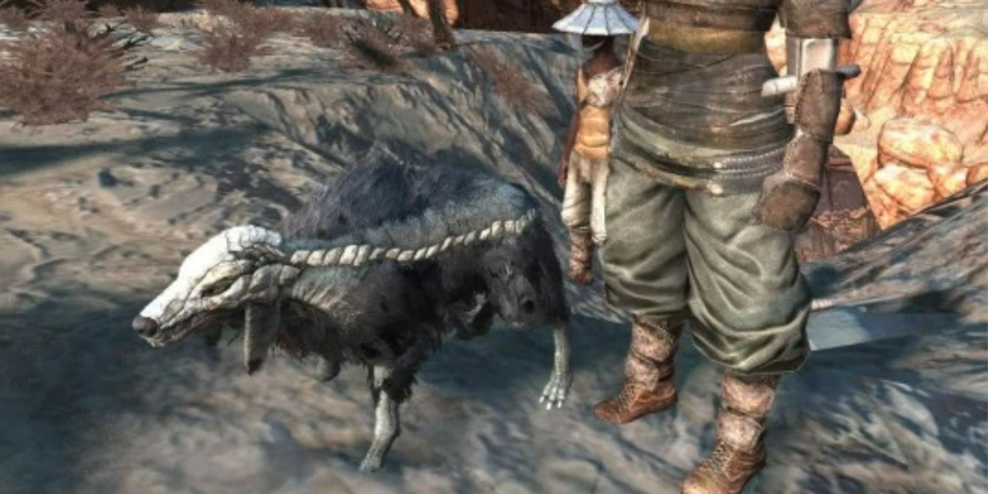 A Bonedog with two human companions in Kenshi