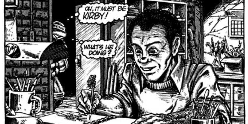 Donatello (left) peeking into the room of Kirby (right), who is drawing in a notebook. Donatello is thinking, "Oh, it must be Kirby. What's he doing?" Image credit: miragelicensing.com