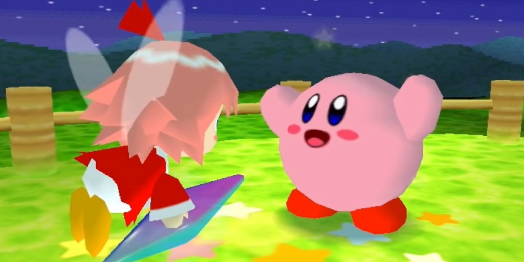 Kirby speaking to Ribbon in a cutscene from Kirby 64: The Crystal Shards
