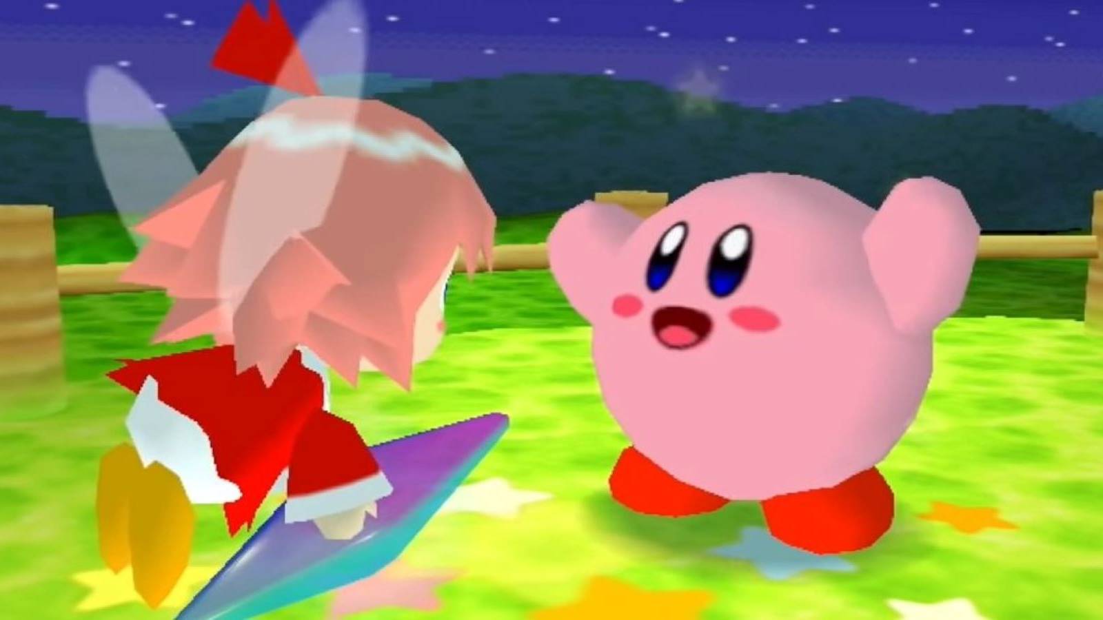 Kirby speaking to Ribbon in a cutscene from Kirby 64: The Crystal Shards