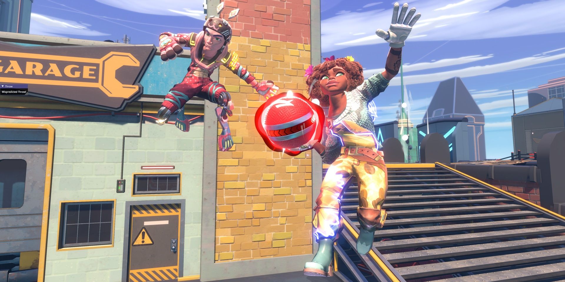 Two players in Knockout City, with one holding a dodgeball