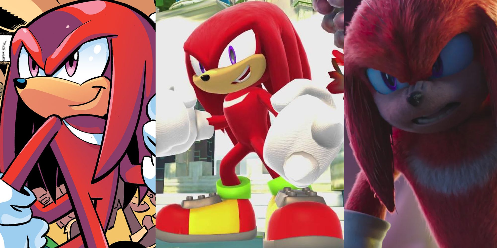 Knuckles appearing in an Archie Comics panel; Knuckles posing in Sonic Generations; Knuckles looking angry in Sonic the Hedgehog 2 (2022)