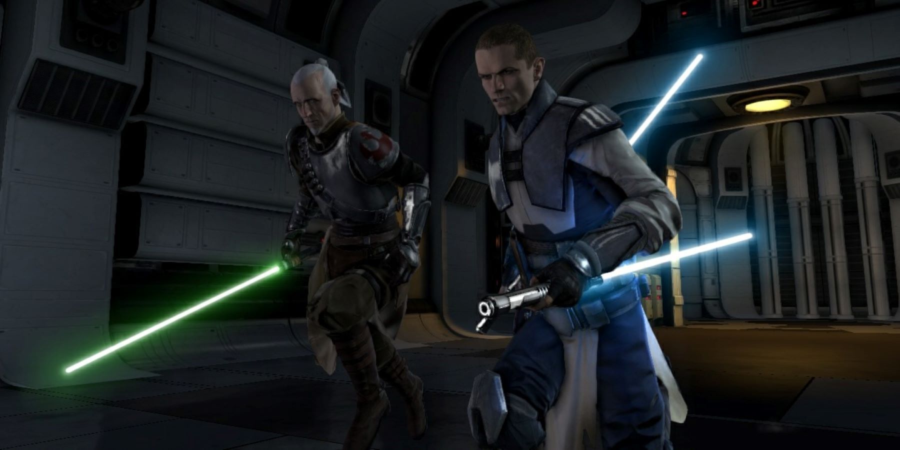 Starkiller's clone and Rahm Kota running with lightsabers drawn in Star Wars: The Force Unleashed 2