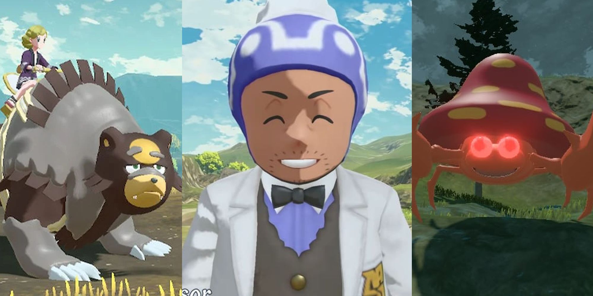 A player riding Ursaluna; a close-up of Professor Laventon smiling; an Alpha Parasect at nighttime