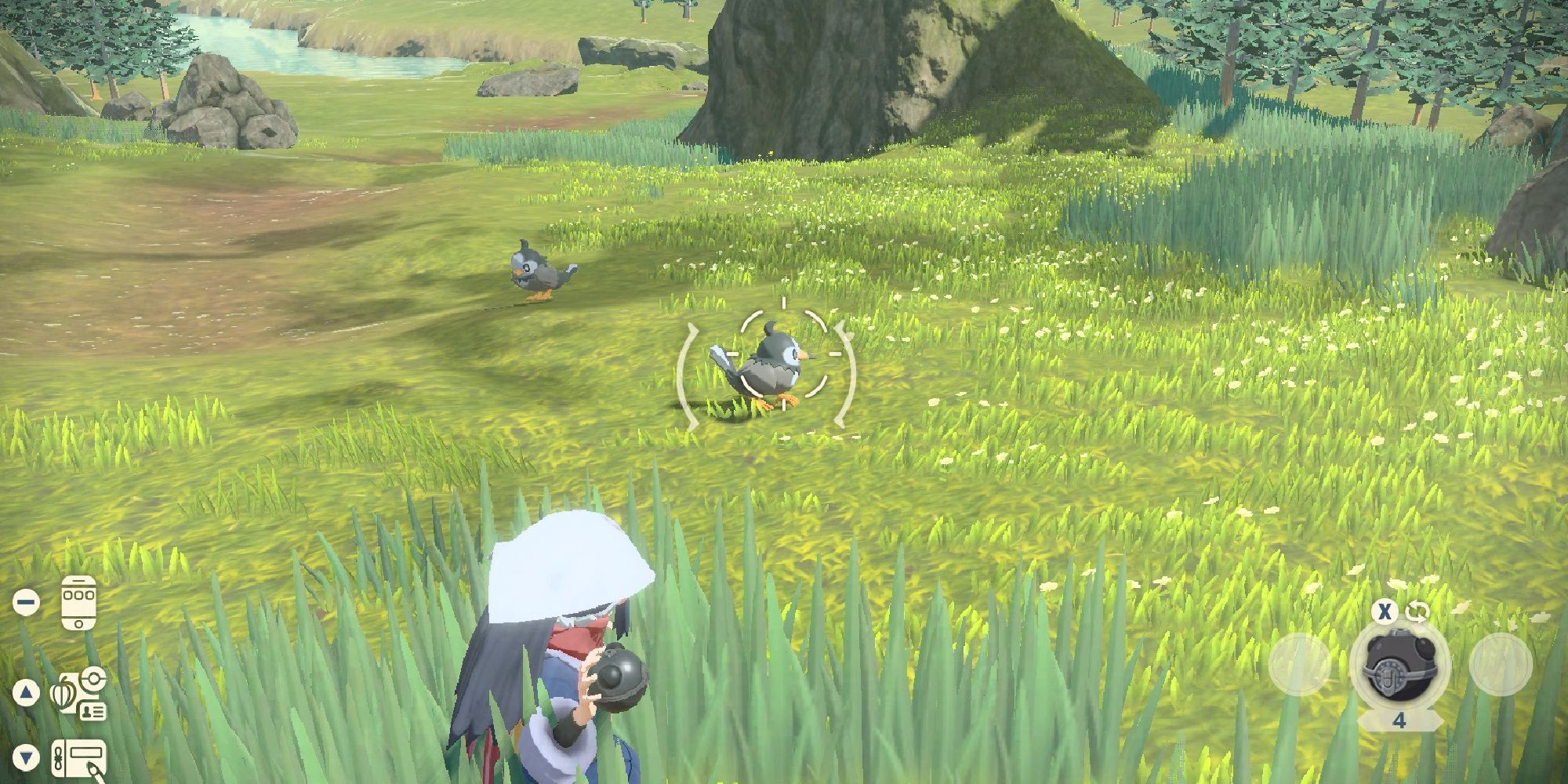 A player aiming a Heavy Ball at a wild Starly from tall grass