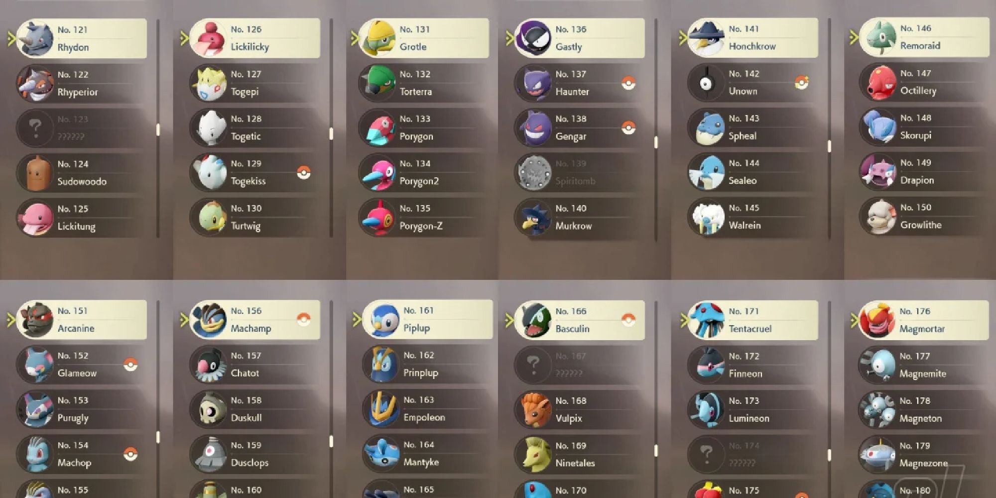 A list of Pokemon in an almost-completed Pokedex in Legends Arceus