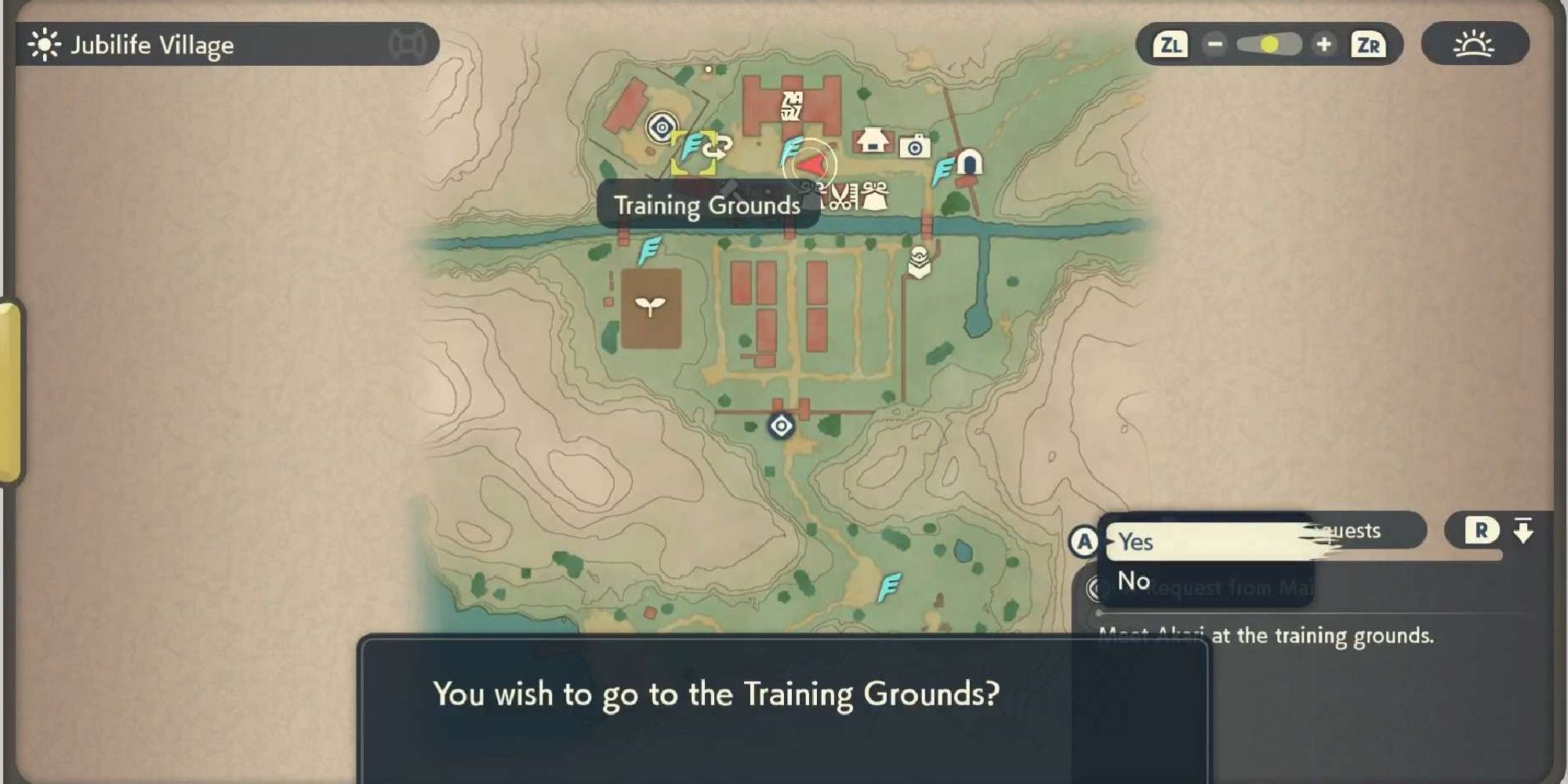 A map of Jubilife Village in Legends Arceus as a player fast-travels to Training Grounds