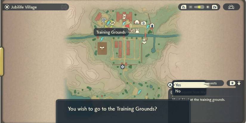 A map of Jubilife Village in Legends Arceus as a player fast-travels to Training Grounds