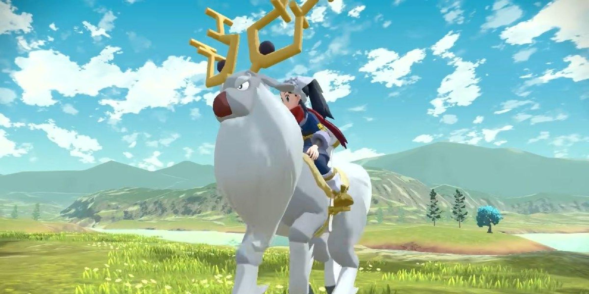 A player riding a Wyrdeer in Legends Arceus during the daytime