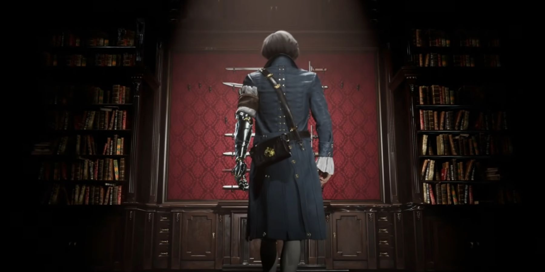 Pinocchio looking at a shelf of swords in the Lies of P cinematic trailer