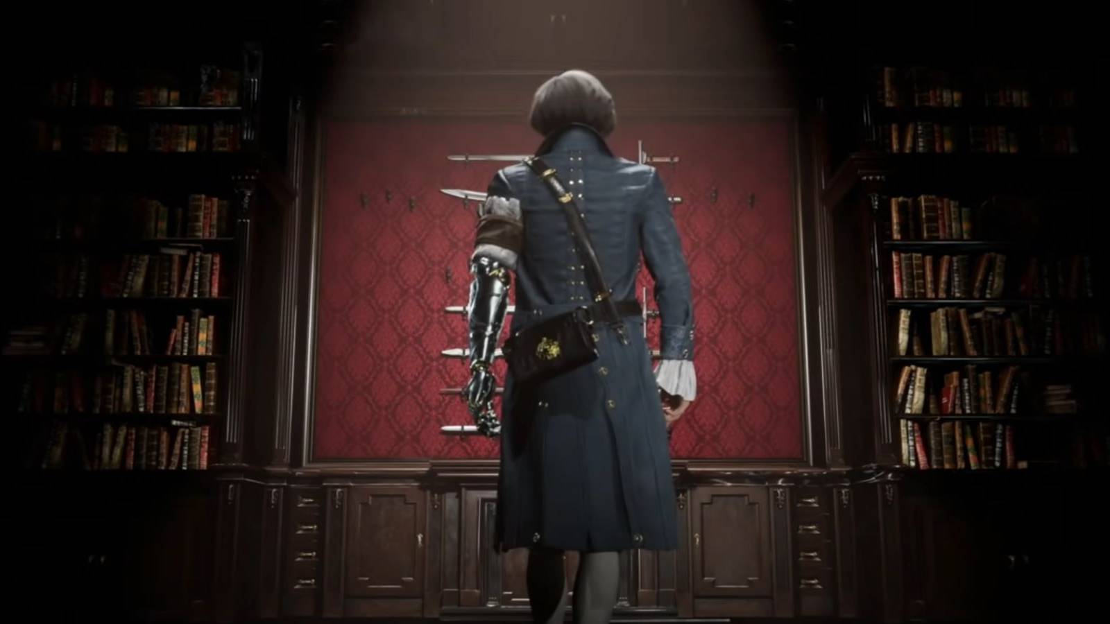 Pinocchio looking at a shelf of swords in the Lies of P cinematic trailer