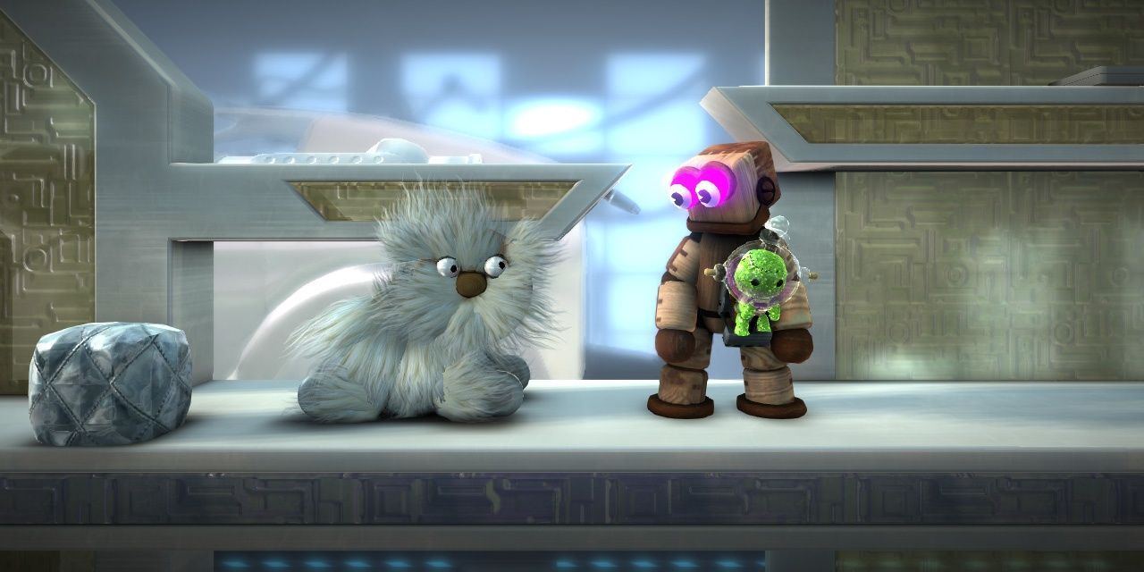 A furry creature and a pink-eyed automaton on a platform. Image credit: blog.connectedcamps.com