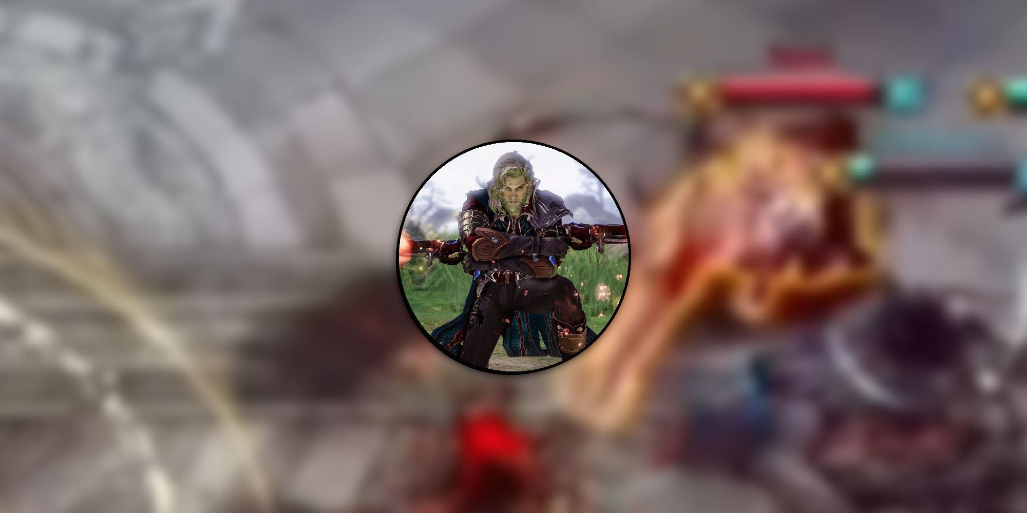 Lost Ark - Blurred Image Of Destroyer Full-Diving Into The Enemy PvP Team With A PNG Of A Gunslinger Overlaid On Top