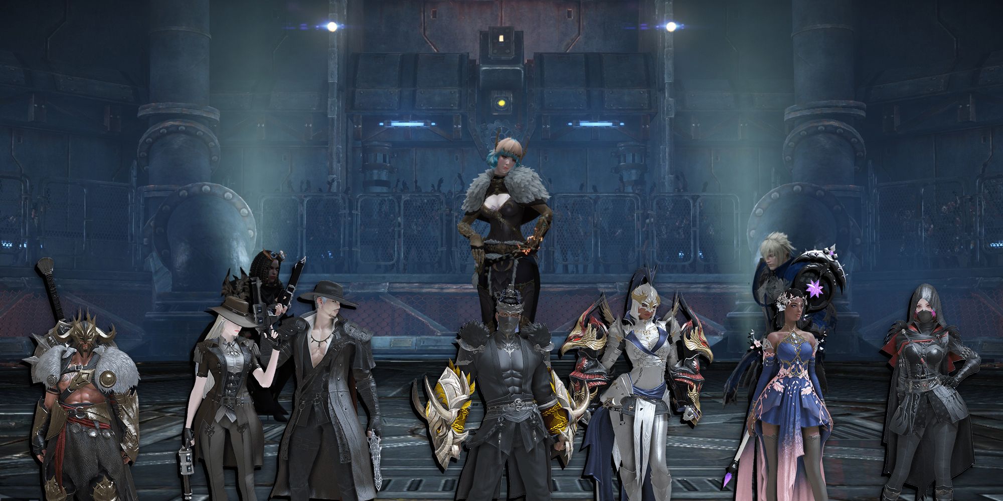 Lost Ark - Two Teammates Kneeling Towards The Third With All The Playable Class PNGs Overlaid On Top