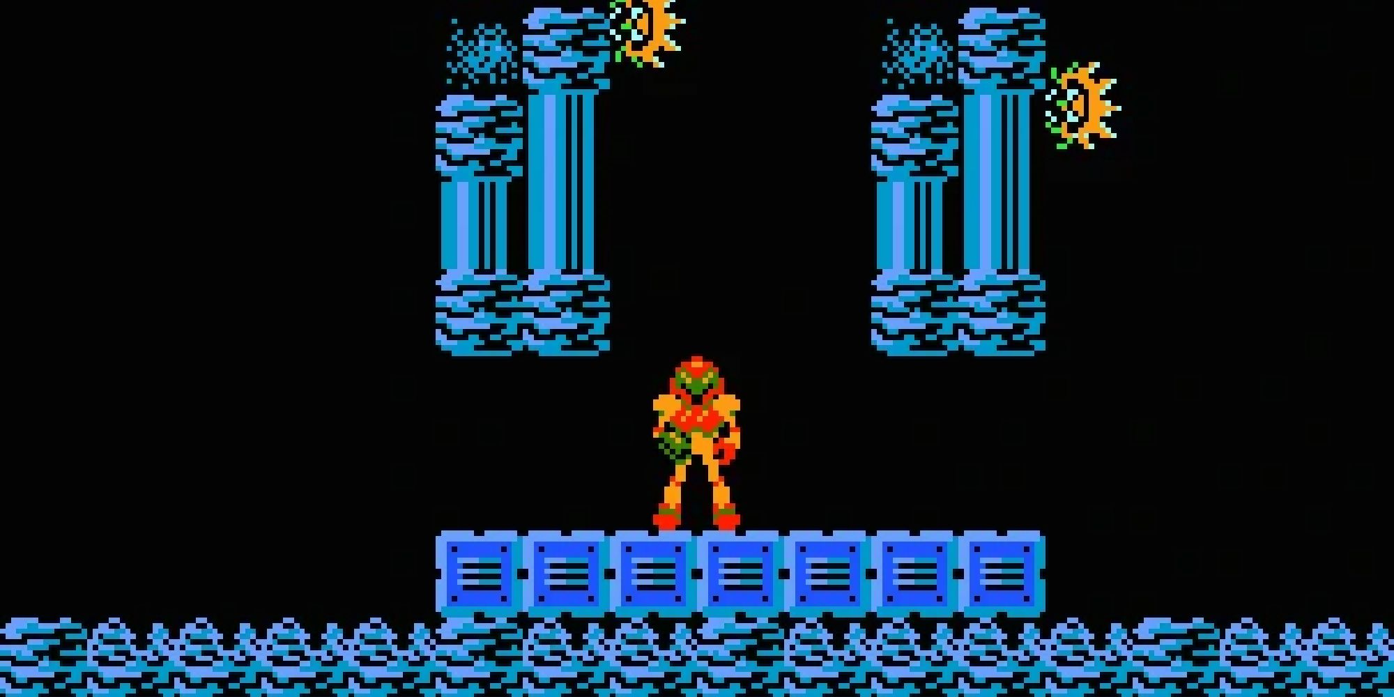 Samus standing on a platform in the starting area of NES Metroid