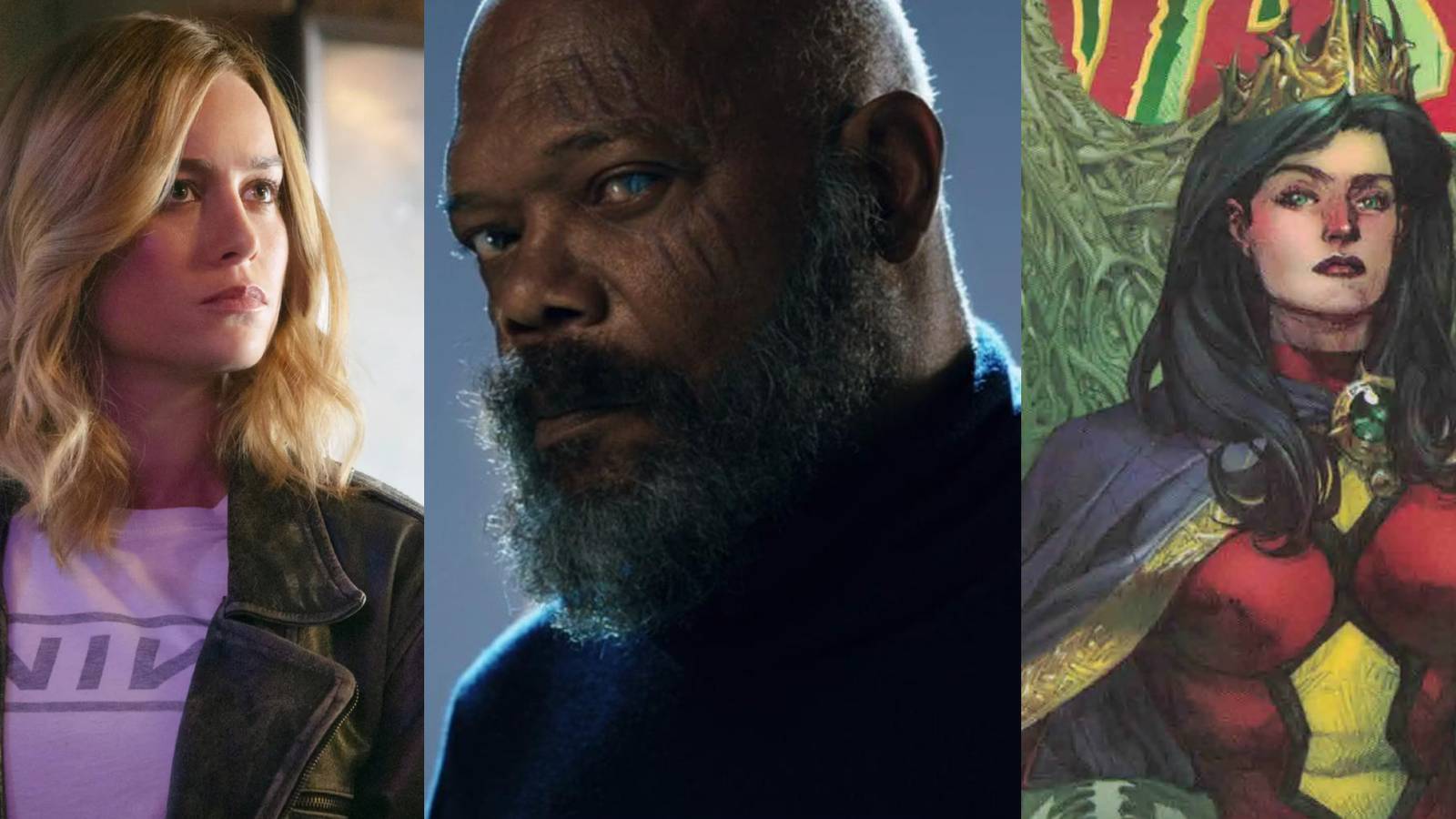 Carol Danvers in a Nine Inch Nails shirt in Captain Marvel; A patchless Nick Fury in a promo for Secret Invasion; Spider-Woman sitting on a Skrull throne in a Secret Invasion comic cover