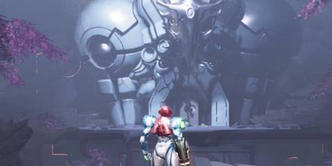Samus facing a Chozo temple in Metroid Dread's opening area
