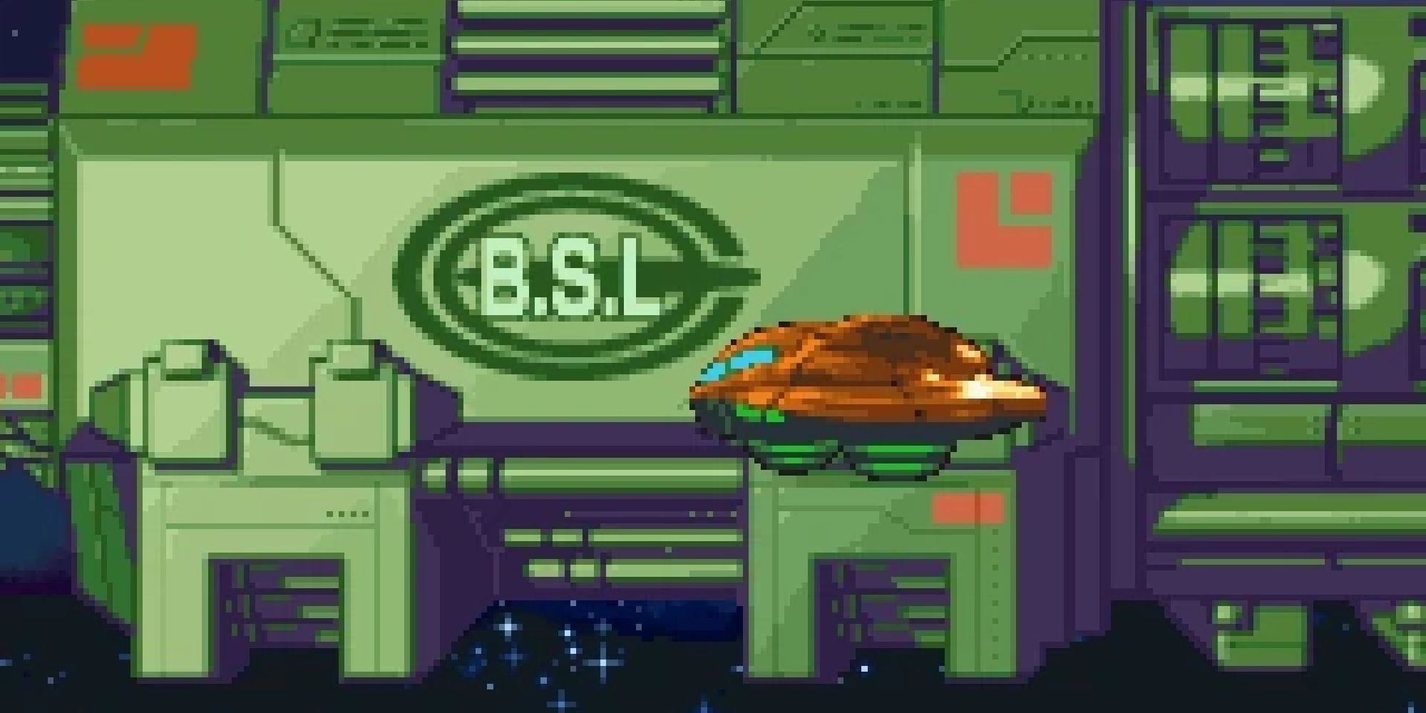 Samus' gunship flying past a Biologic Space Laboratories research station in Metroid Fusion