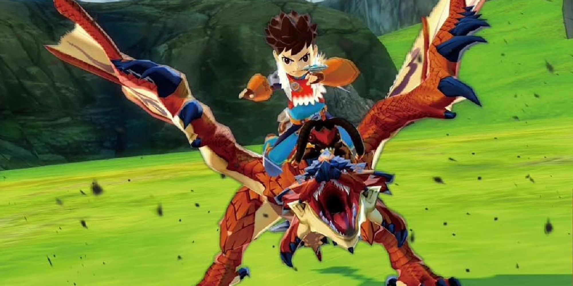 A Rider on the back of a roaring Rathalos in Monster Hunter Stories