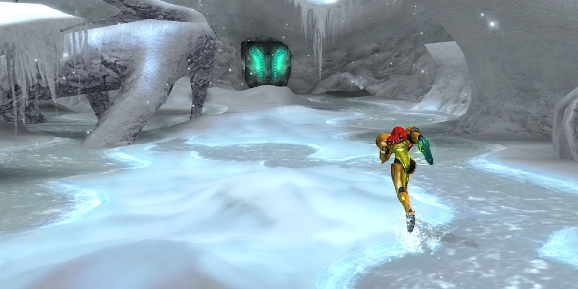 A third-person view of Samus running towards an icy cave in Metroid Other M