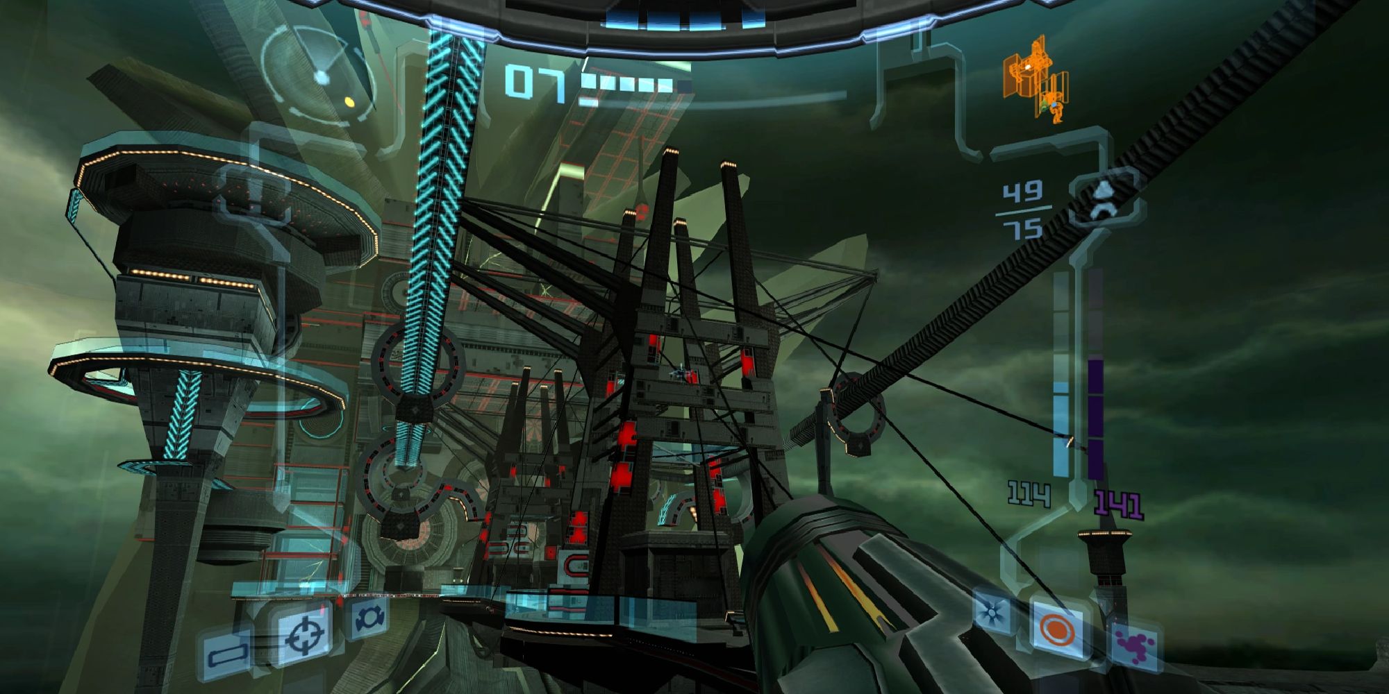 Samus' first-person view of the entrance to Sanctuary Fortress' main temple in Metroid Prime 2
