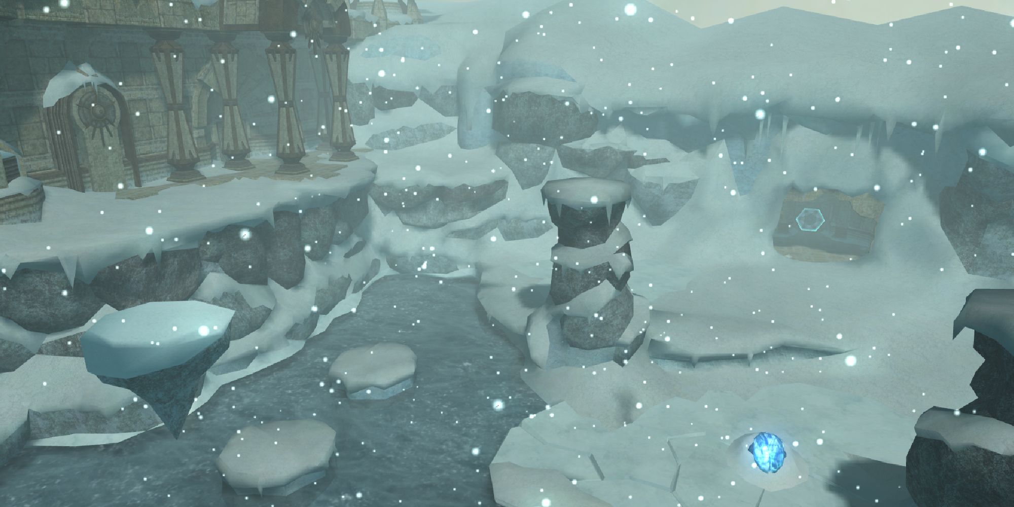 An overhead view of the snowy Phendrana Drifts from Metroid Prime