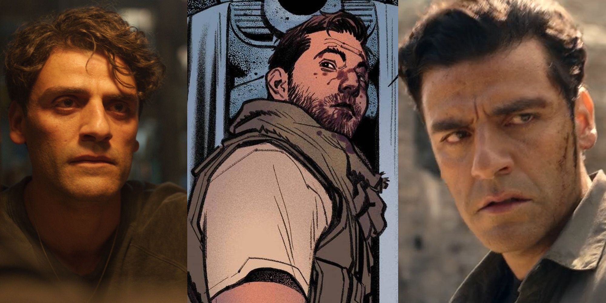 Steven Grant looking in a mirror; Marc Spector in Khonshu's temple in the comics; Marc Spector during a fight in Cairo