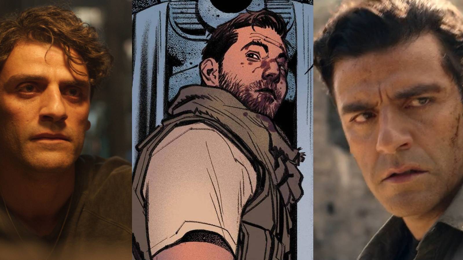Steven Grant looking in a mirror; Marc Spector in Khonshu's temple in the comics; Marc Spector during a fight in Cairo