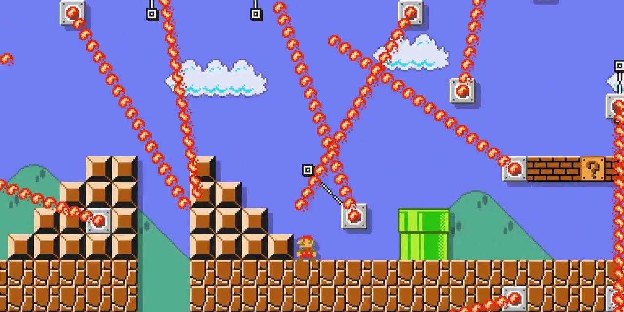 Марио уворачивается от огненных столбов в Super Mario Maker 2 