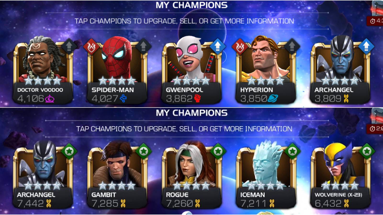 Showcase of 4 Star Characters from Marvel Contest of Champions.