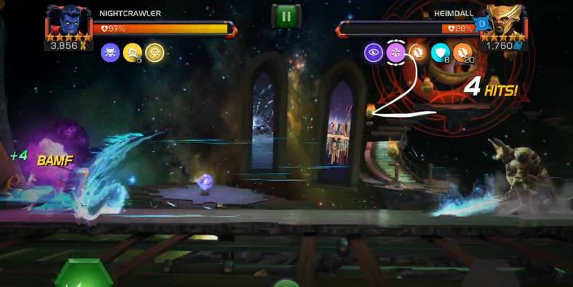 Nightcrawler fighitng Heimdal in Marvel Contest of Champions.