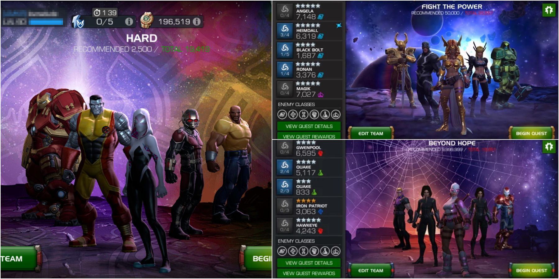 Showcase of different Hereos featured in Marvel Contest of Champions.
