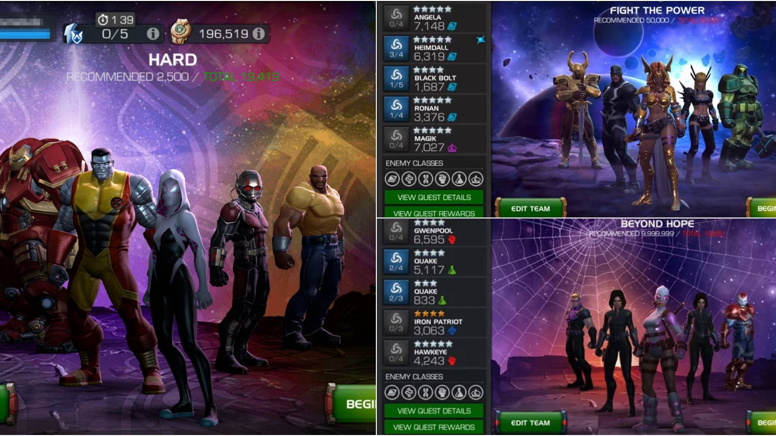 Showcase of different Hereos featured in Marvel Contest of Champions.