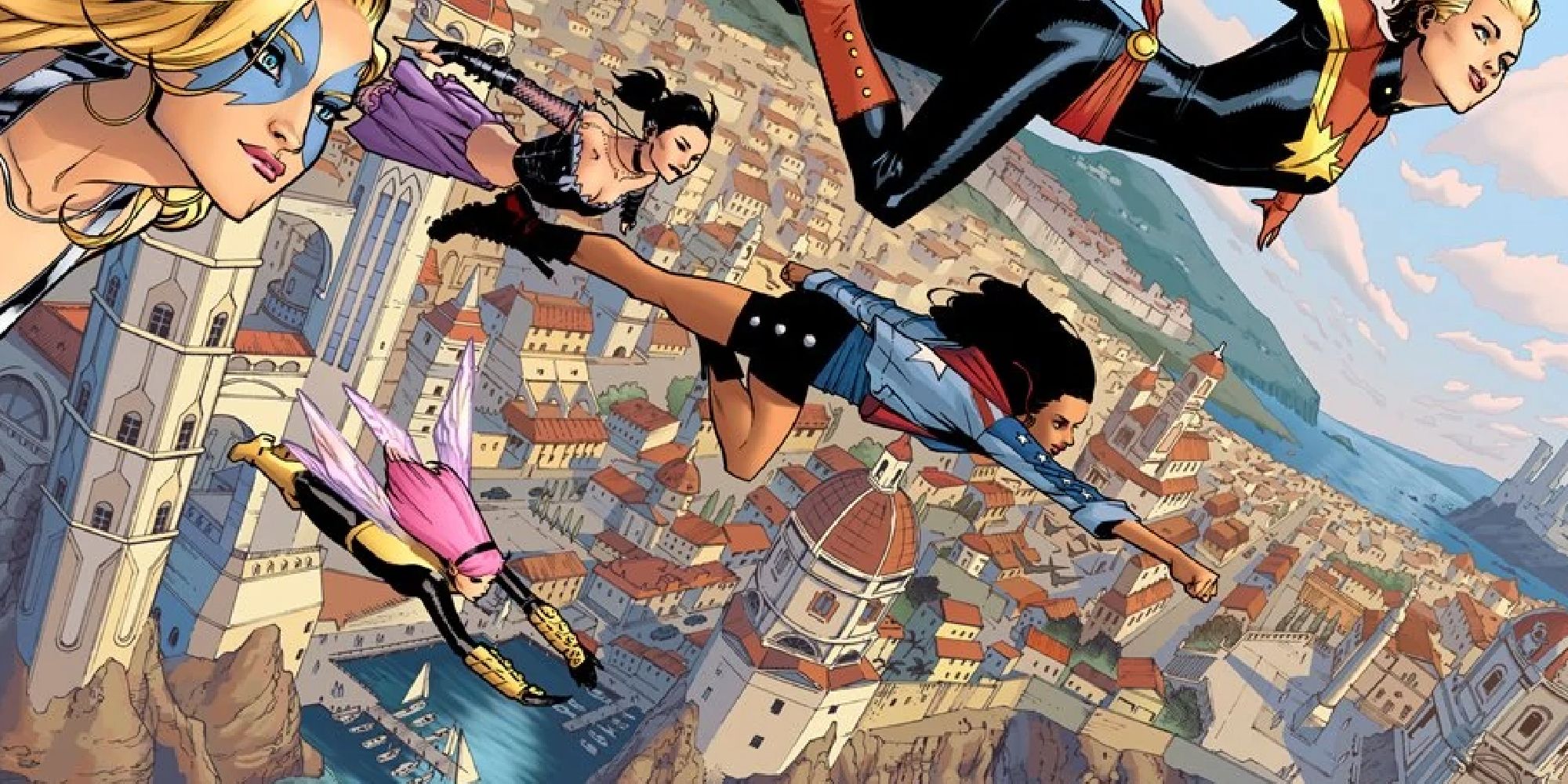 America Chavez flying through the air as part of A-Force with Carol Danvers, Kate Bishop, and Wasp