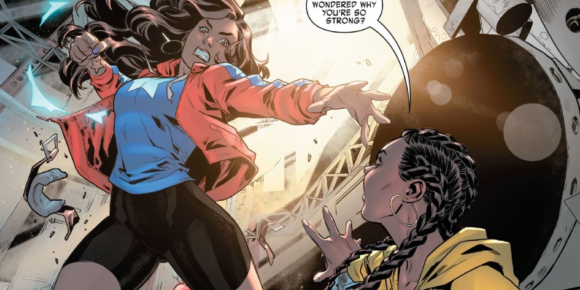 America raising her fist towards her sister Catalina in the comics
