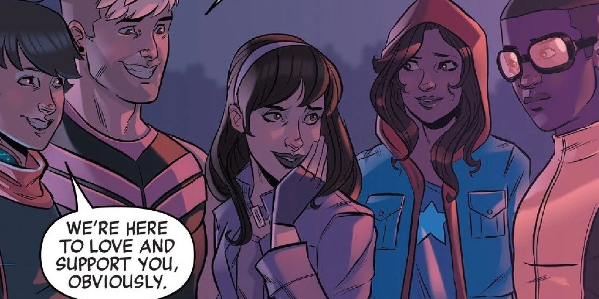 America and the rest of the Young Avengers comfort Kate Bishop in Civil War II