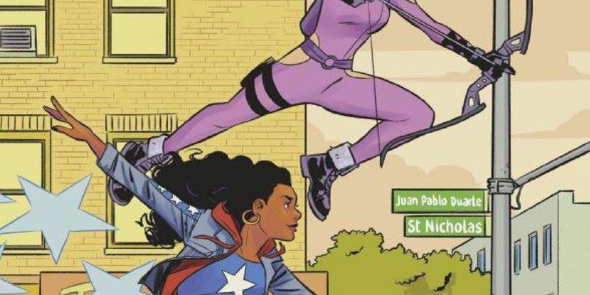 America flying down the street with Kate Bishop in a comic cover