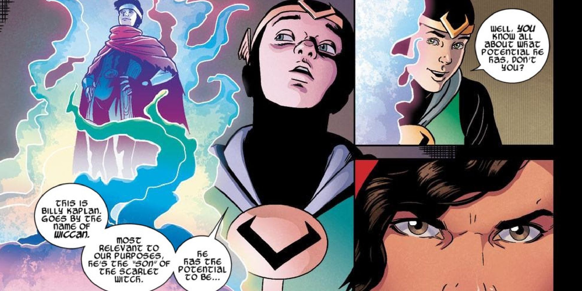 A series of comic panels where America angrily listens to Kid Loki tell her about Wiccan